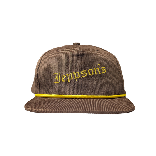 Brown cap with yellow 'Jeppson's' logo on a white background