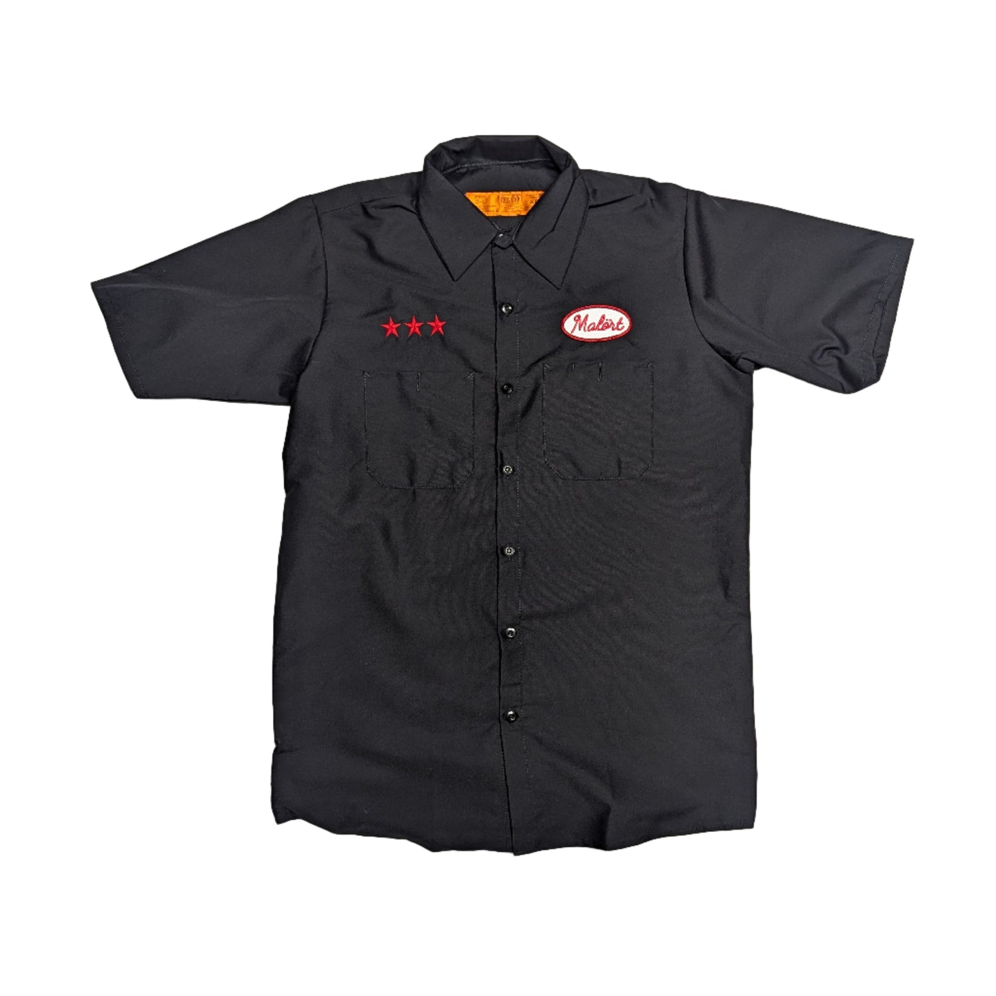Black work shirt with logos on a white background