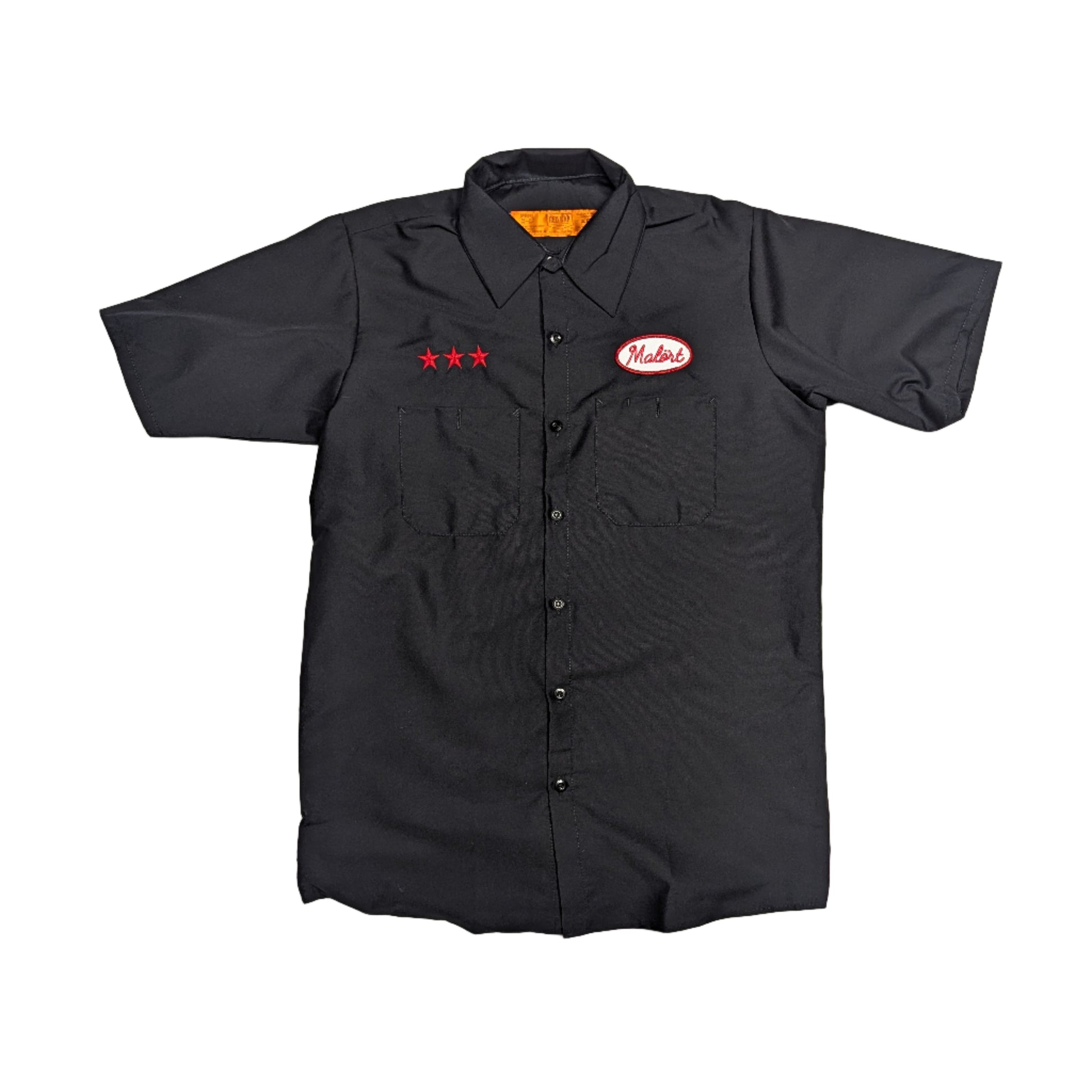 Black work shirt with logos on a white background